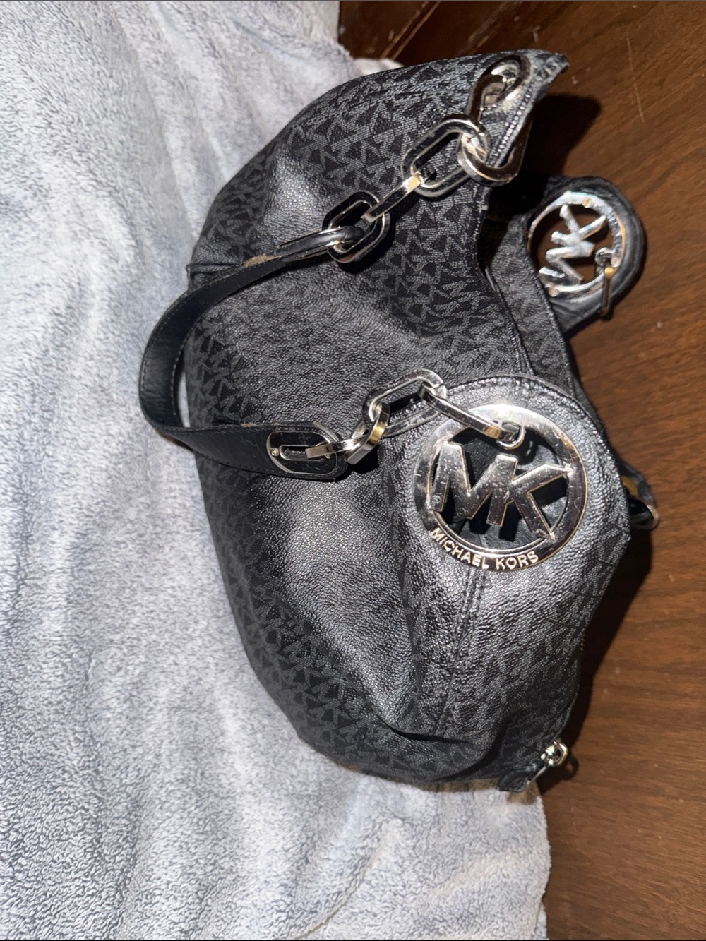 Michael Kors Black Logo-Print Shoulder Bag with MK Charm